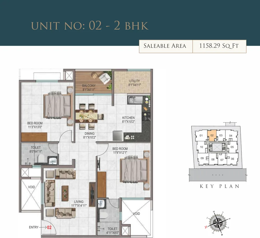 2 BHK floor plan, 1158 sq ft — Fusion 4 Oyster, Attur Layout, Yelahanka, Bangalore