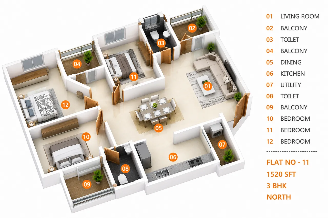 Flat 11 3D floor plan layout render for 3 BHK apartment at Anuraag Amogh, Varthur