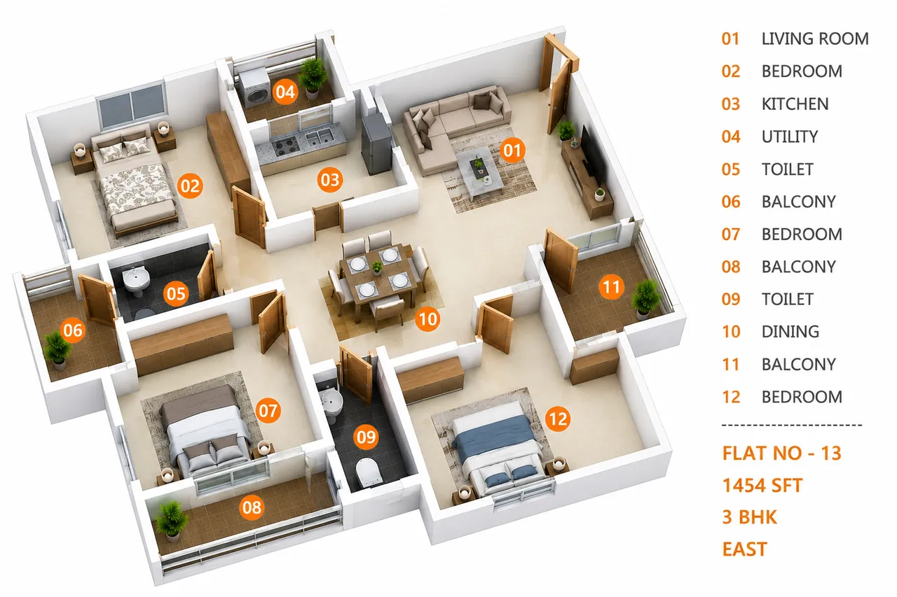 Flat 13 3D floor plan layout render for 3 BHK apartment at Anuraag Amogh, Varthur